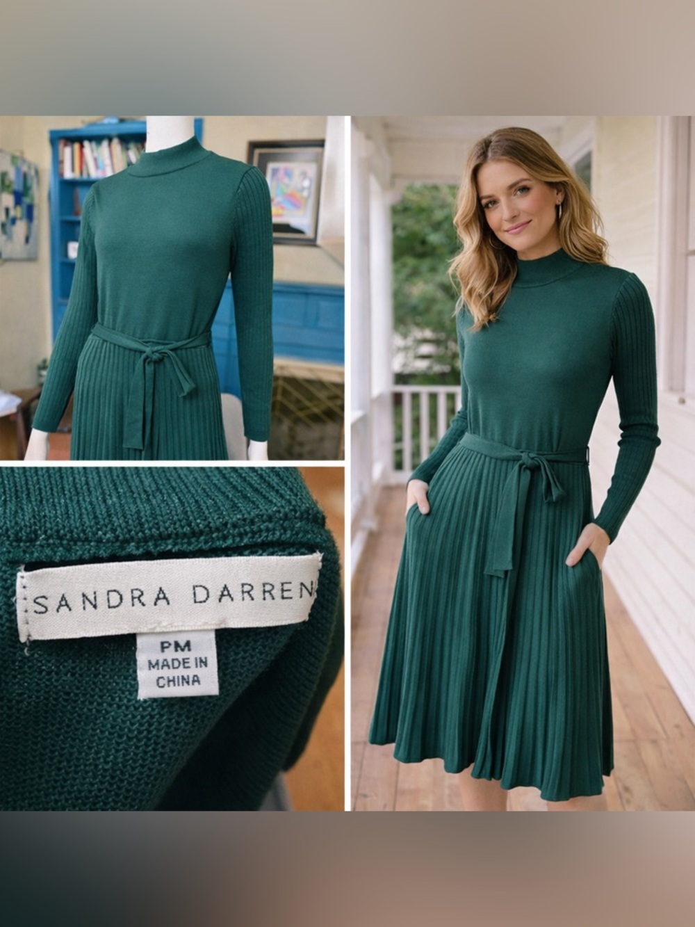 Sandra Darren Green Knit Midi Dress Pleated Long Sleeve Belted Petite Medium